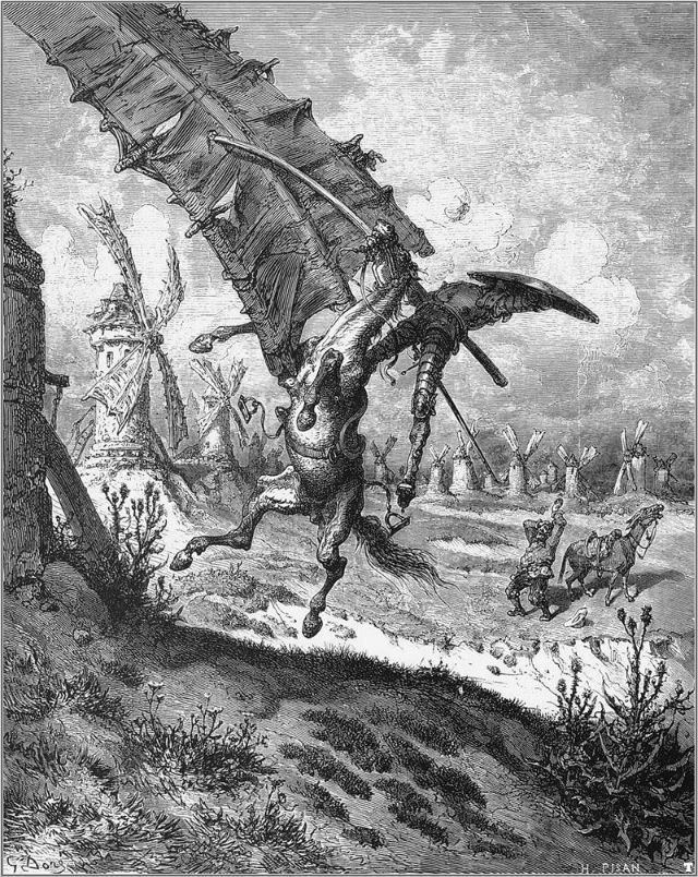 Don Quijote lucha contra los molinos de viento, ilustración de Gustave Doré