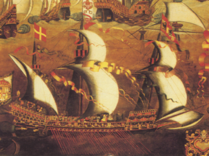 Galeaza española del XVI. Obsérvese la doble cubierta, con los soldados en la superior y los galeotes en la inferior
