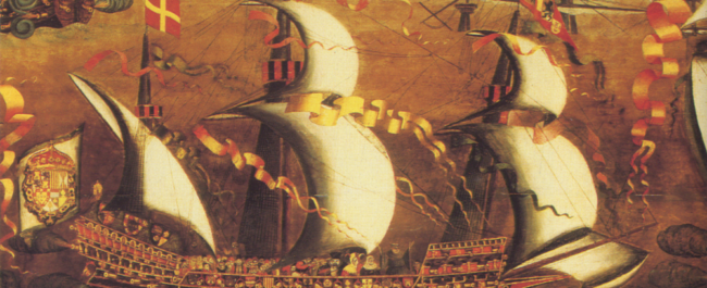 Galeaza española del XVI. Obsérvese la doble cubierta, con los soldados en la superior y los galeotes en la inferior