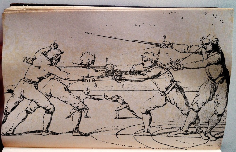 Grabado copiado de Regole di molte cavagliereschi essercitii, de Frederico Ghisliero, 1587. Muestra líneas de visión, ángulos de ataque y el uso de la mano izquierda.