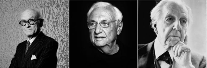 Los tres arquitectos: Philip Johnson, Frank Gehry y Frank Lloyd Wright