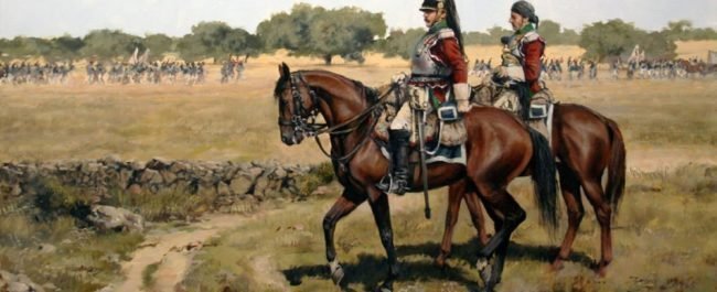Coraceros españoles en la guerra de la Independencia con sables franceses An XIII. Obra de Augusto Ferrer-Dalmau