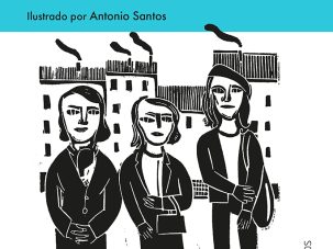 Retrato en negro y blanco de tres pioneras de nuestras letras